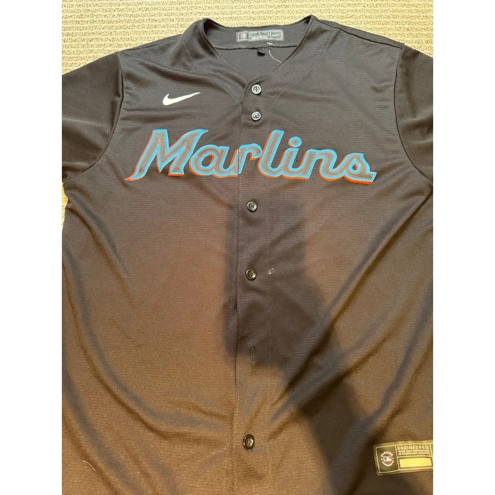 Nike Miami Marlins MLB Jersey Men's Large‎ Black Button Front Baseball Genuine